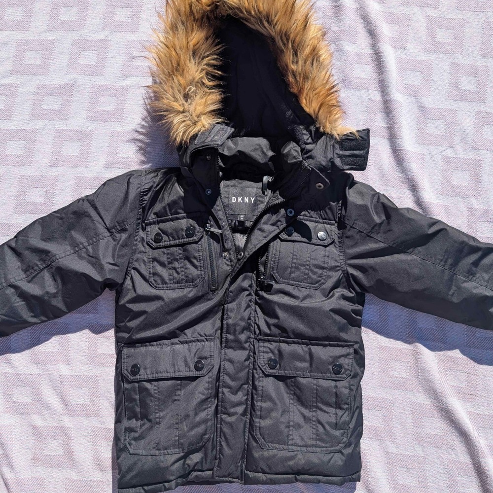 DKNY Kids Black Hooded Parka Jacket with Faux Fur Trim Size S P 8